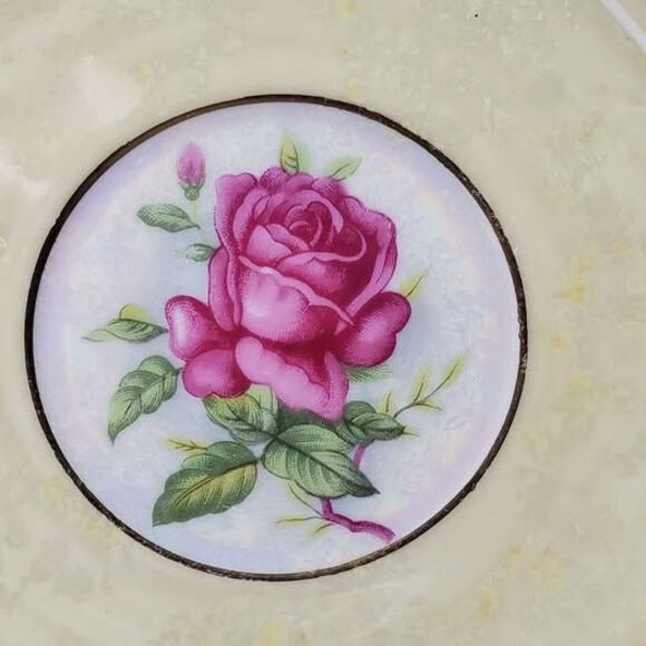 Yellow Teacup and Saucer Pink Roses Opalescent Vintage - Picture 5 of 10